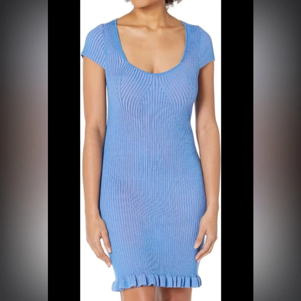 French Connection blue & pink Mathilda Ribbed capped sleeve Mini dress med NWT - Picture 8 of 9
